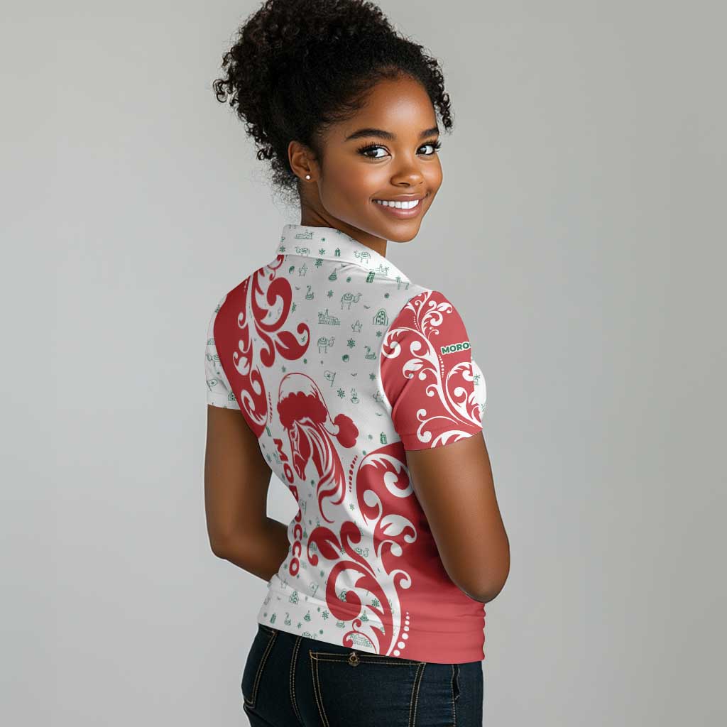 Morocco Christmas Women Polo Shirt Red Horse Santa Hat Arabesque Pattern a - African Pride