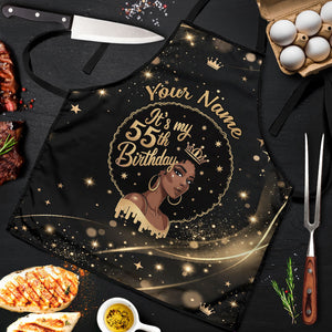 Personalized African Queen 55th Birthday Apron Black Yellow Glitter Sparkle Afro Crown Glam Art