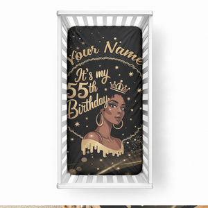 Personalized African Queen 55th Birthday Baby Bed Cover Black Yellow Glitter Sparkle Afro Crown Glam Art