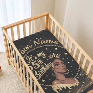 Personalized African Queen 55th Birthday Baby Bed Cover Black Yellow Glitter Sparkle Afro Crown Glam Art