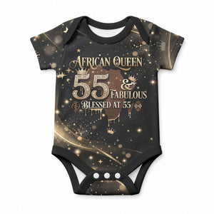 Personalized African Queen 55th Birthday Baby Onesie Black Yellow Glitter Sparkle Afro Crown Glam Art