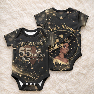 Personalized African Queen 55th Birthday Baby Onesie Black Yellow Glitter Sparkle Afro Crown Glam Art