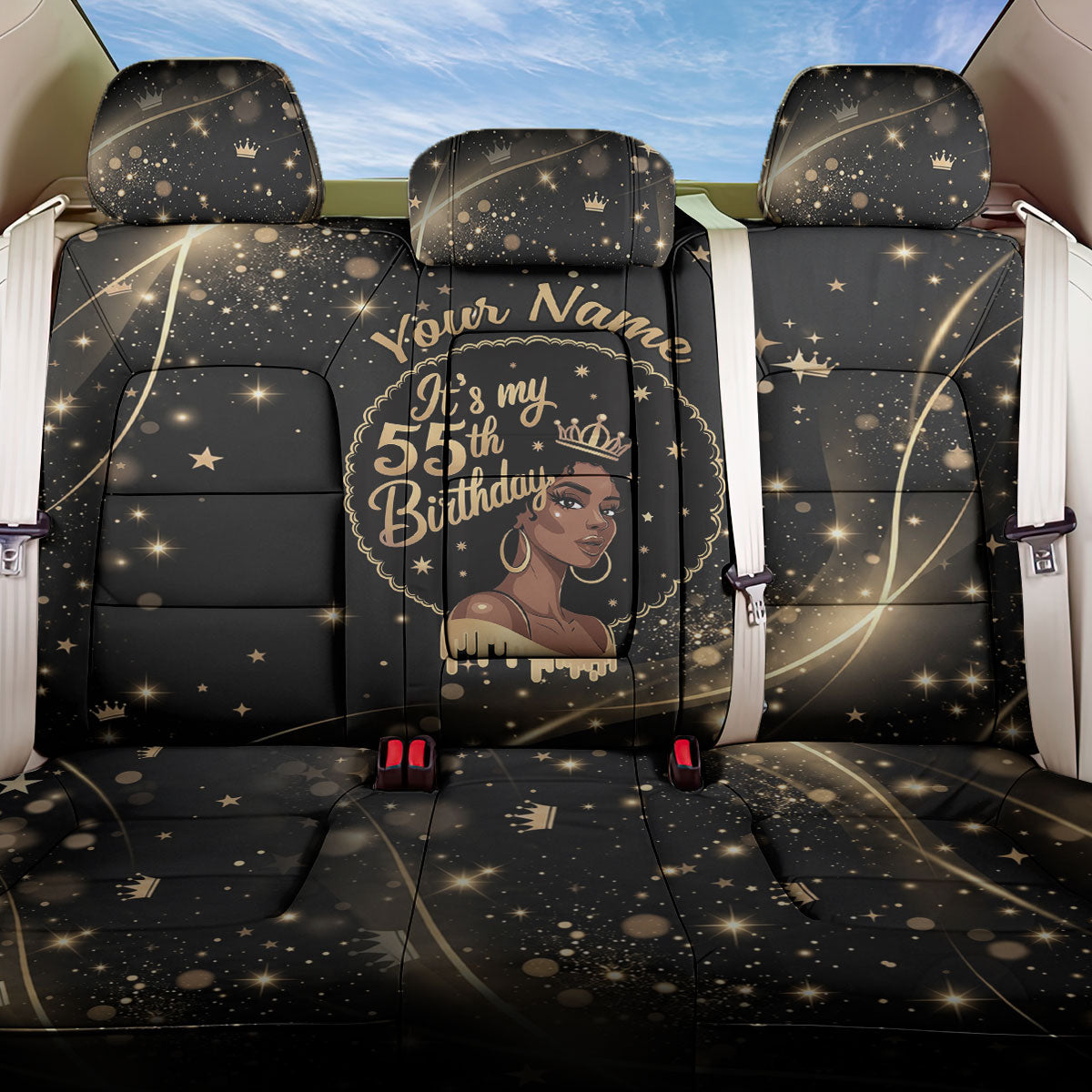 Personalized African Queen 55th Birthday Back Car Seat Cover Black Yellow Glitter Sparkle Afro Crown Glam Art