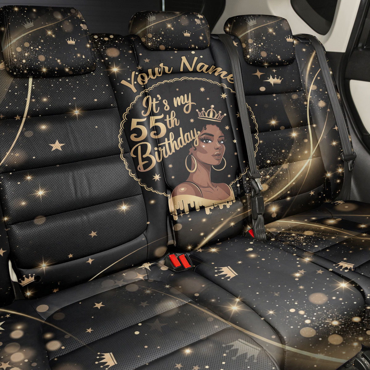 Personalized African Queen 55th Birthday Back Car Seat Cover Black Yellow Glitter Sparkle Afro Crown Glam Art
