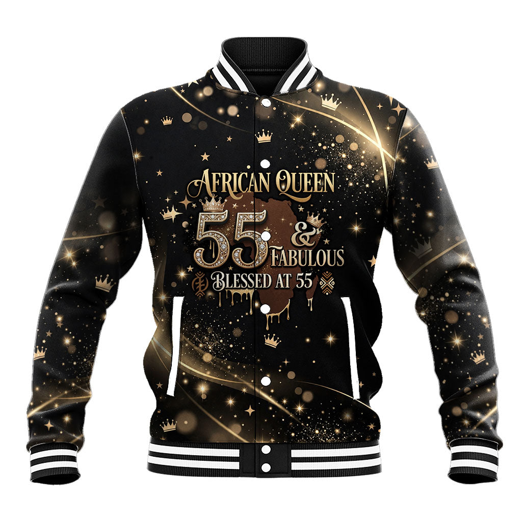 Personalized African Queen 55th Birthday Baseball Jacket Black Yellow Glitter Sparkle Afro Crown Glam Art
