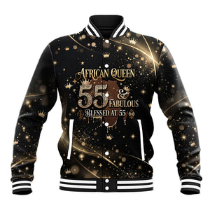 Personalized African Queen 55th Birthday Baseball Jacket Black Yellow Glitter Sparkle Afro Crown Glam Art
