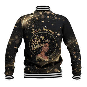 Personalized African Queen 55th Birthday Baseball Jacket Black Yellow Glitter Sparkle Afro Crown Glam Art