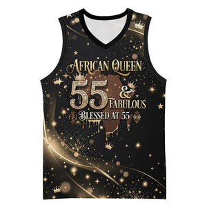 Personalized African Queen 55th Birthday Basketball Jersey Black Yellow Glitter Sparkle Afro Crown Glam Art