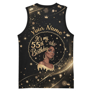 Personalized African Queen 55th Birthday Basketball Jersey Black Yellow Glitter Sparkle Afro Crown Glam Art