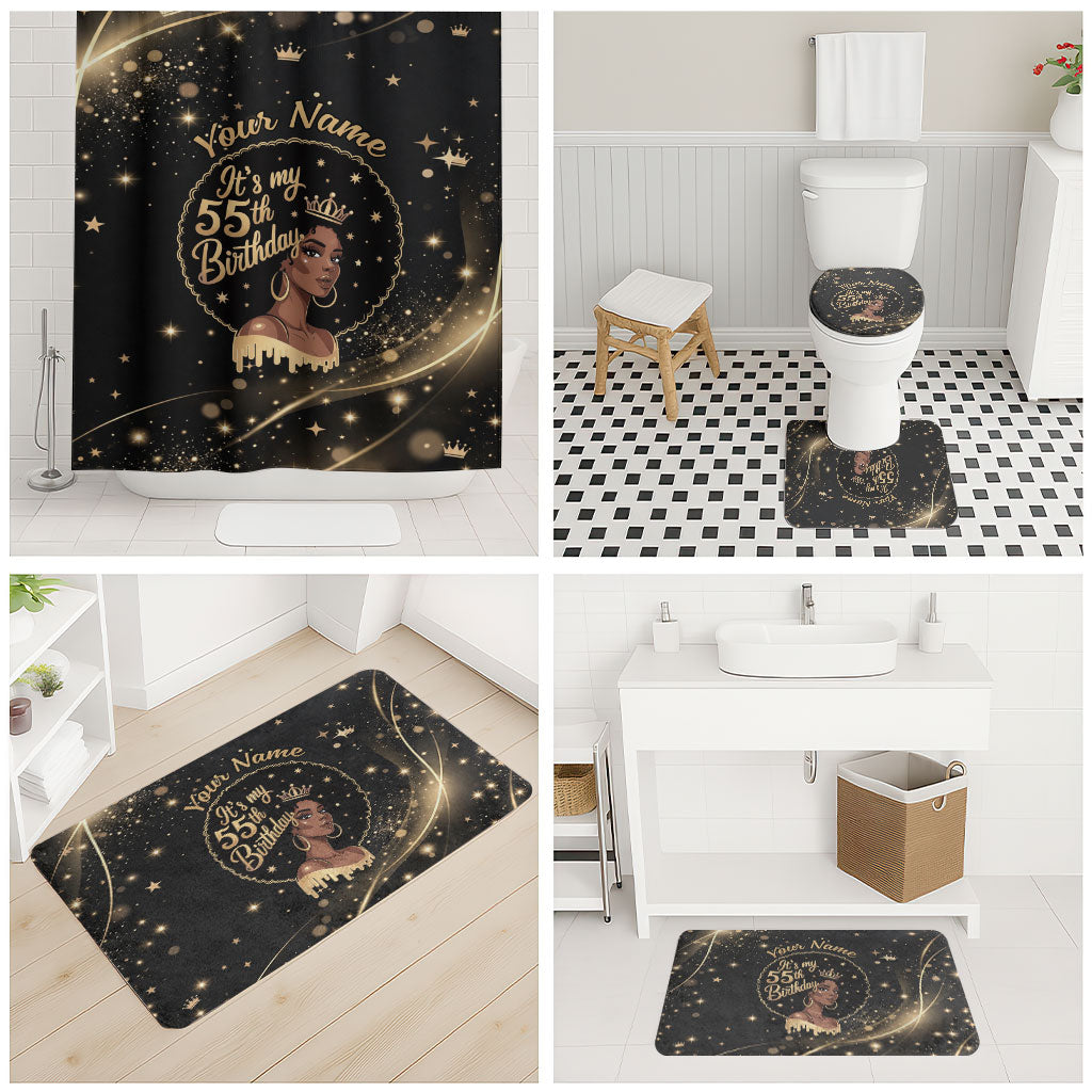 Personalized African Queen 55th Birthday Bathroom Set Black Yellow Glitter Sparkle Afro Crown Glam Art