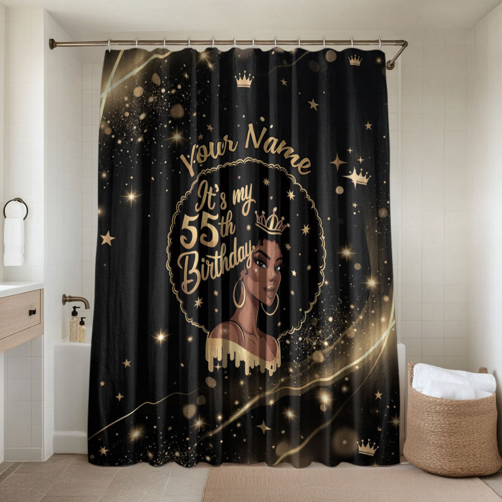 Personalized African Queen 55th Birthday Bathroom Set Black Yellow Glitter Sparkle Afro Crown Glam Art