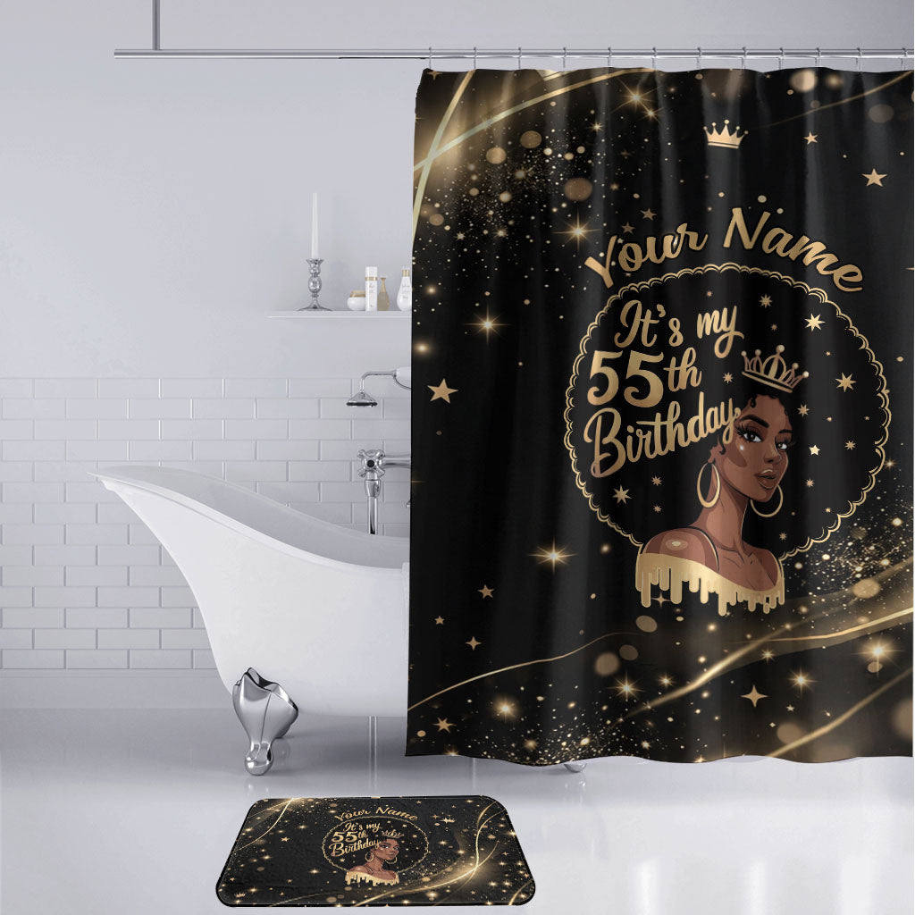 Personalized African Queen 55th Birthday Bathroom Set Black Yellow Glitter Sparkle Afro Crown Glam Art