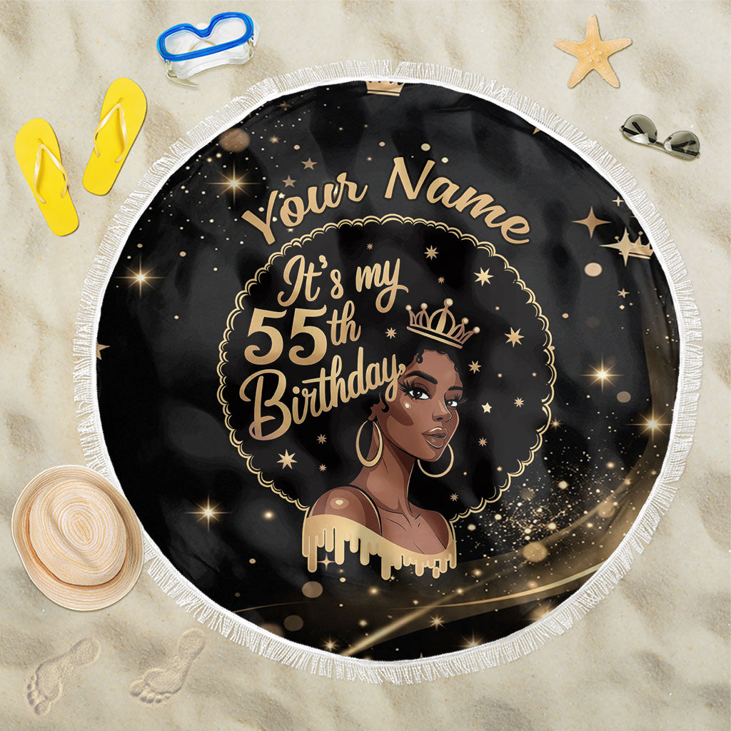 Personalized African Queen 55th Birthday Beach Blanket Black Yellow Glitter Sparkle Afro Crown Glam Art