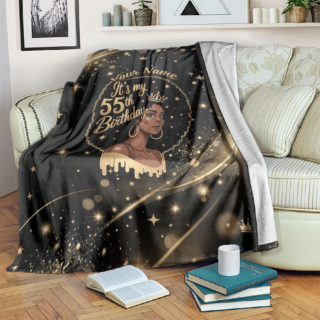 Personalized African Queen 55th Birthday Blanket Black Yellow Glitter Sparkle Afro Crown Glam Art