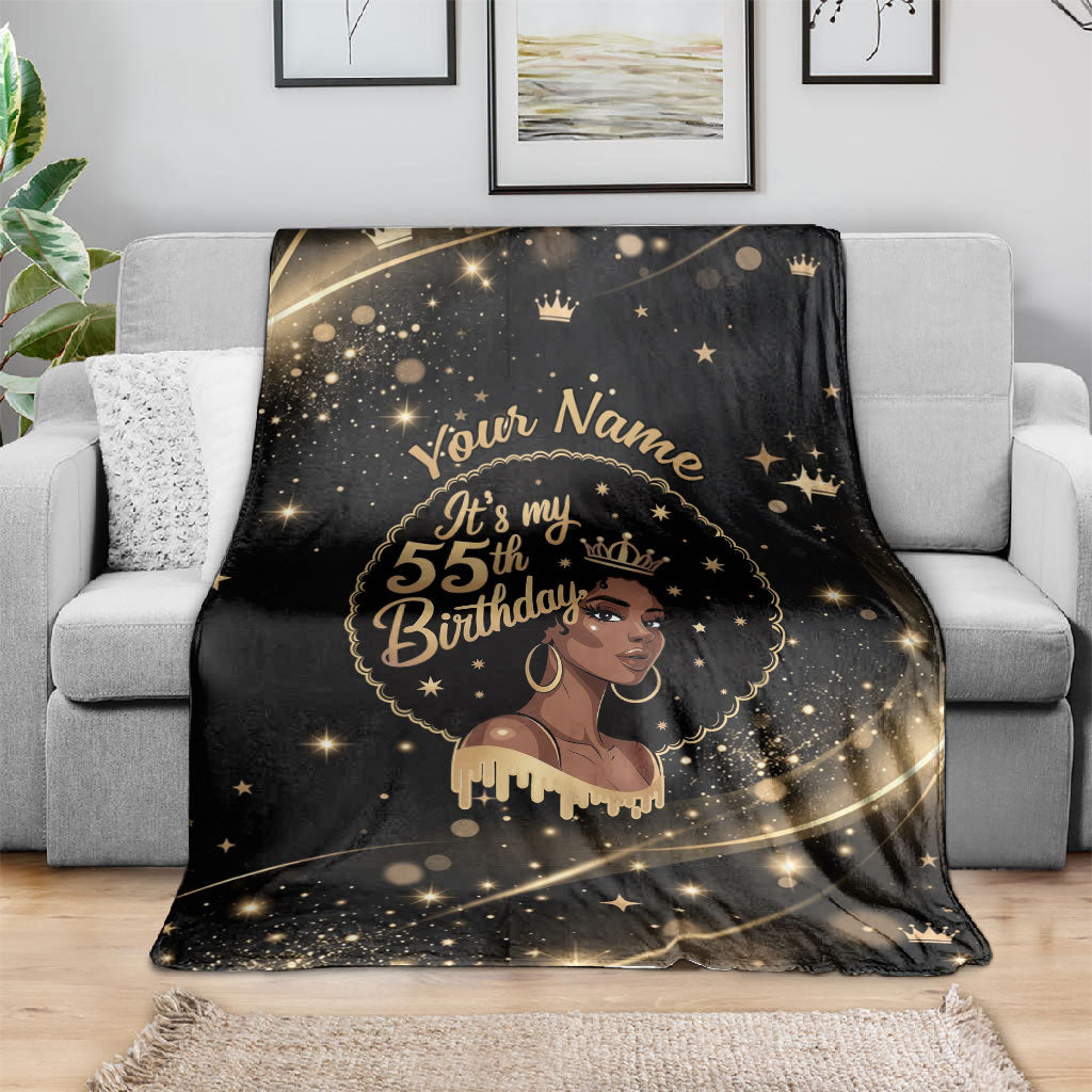 Personalized African Queen 55th Birthday Blanket Black Yellow Glitter Sparkle Afro Crown Glam Art