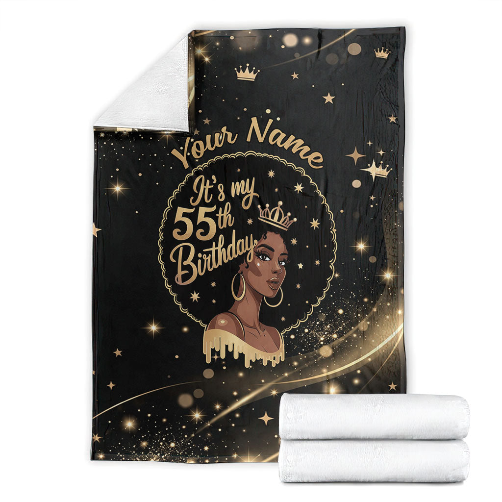 Personalized African Queen 55th Birthday Blanket Black Yellow Glitter Sparkle Afro Crown Glam Art