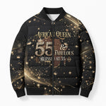 Personalized African Queen 55th Birthday Bomber Puffer Jacket Black Yellow Glitter Sparkle Afro Crown Glam Art