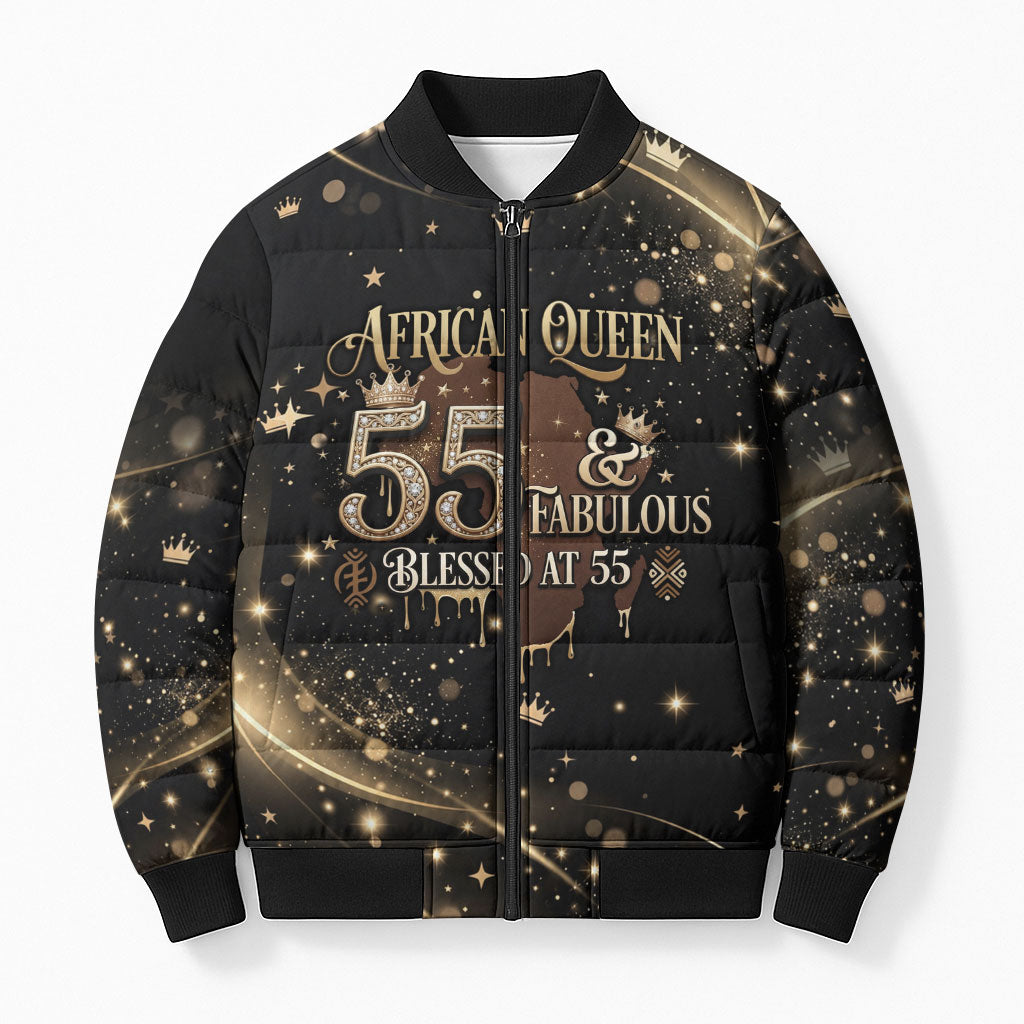 Personalized African Queen 55th Birthday Bomber Puffer Jacket Black Yellow Glitter Sparkle Afro Crown Glam Art