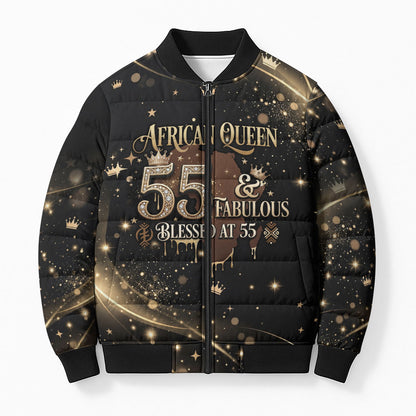 Personalized African Queen 55th Birthday Bomber Puffer Jacket Black Yellow Glitter Sparkle Afro Crown Glam Art