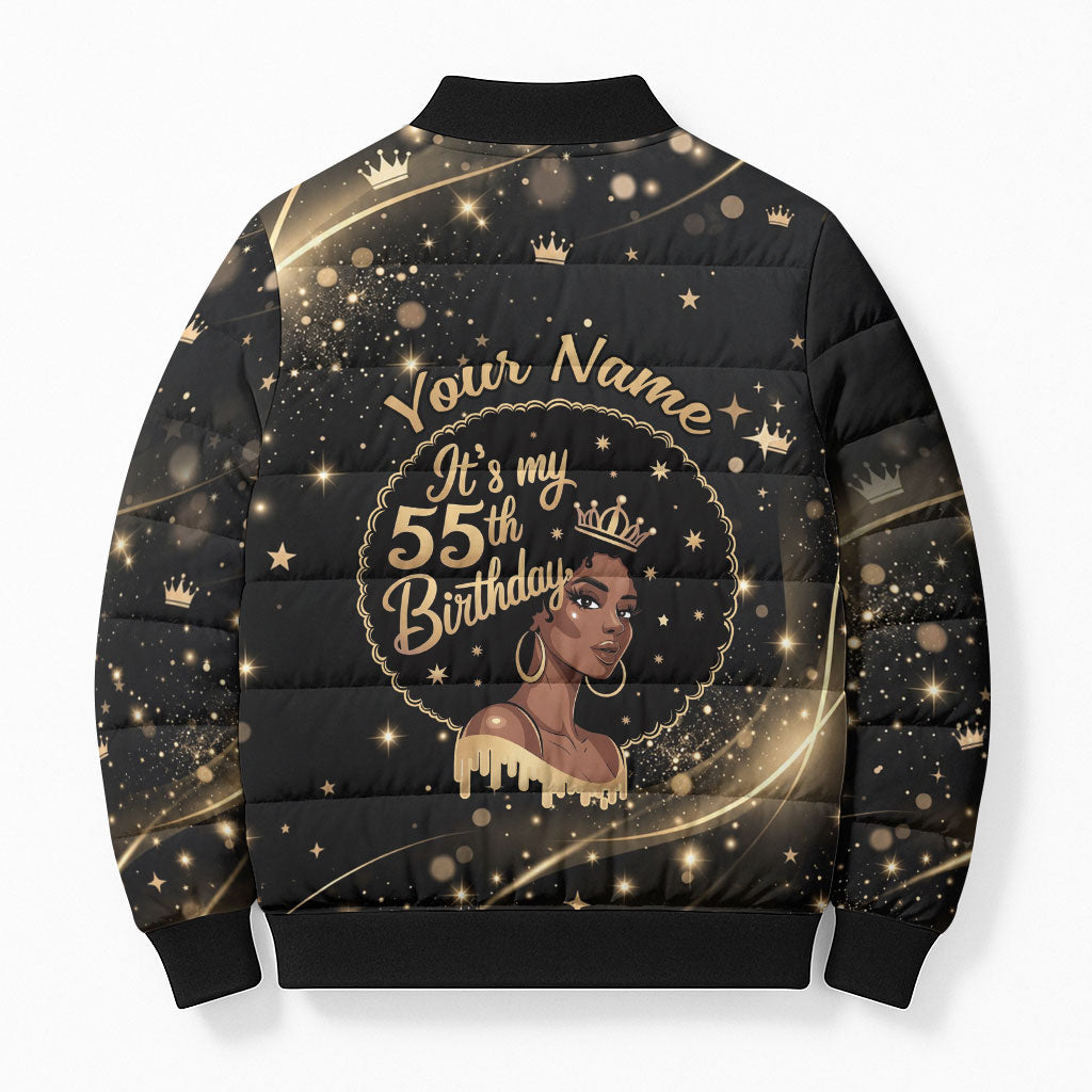 Personalized African Queen 55th Birthday Bomber Puffer Jacket Black Yellow Glitter Sparkle Afro Crown Glam Art