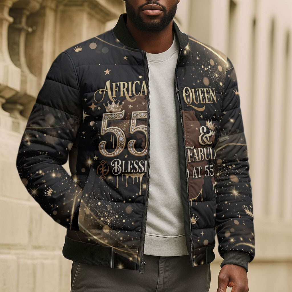 Personalized African Queen 55th Birthday Bomber Puffer Jacket Black Yellow Glitter Sparkle Afro Crown Glam Art