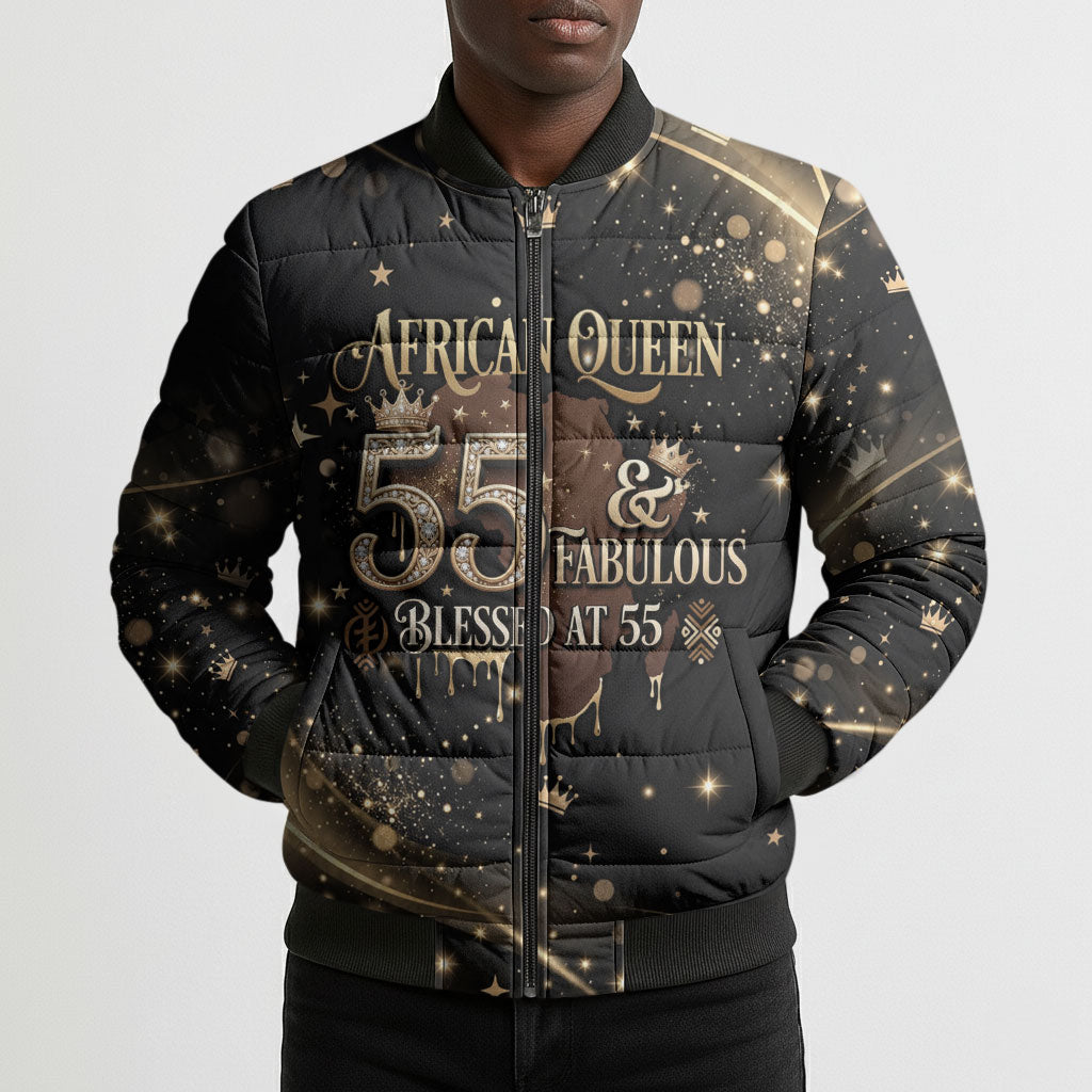 Personalized African Queen 55th Birthday Bomber Puffer Jacket Black Yellow Glitter Sparkle Afro Crown Glam Art