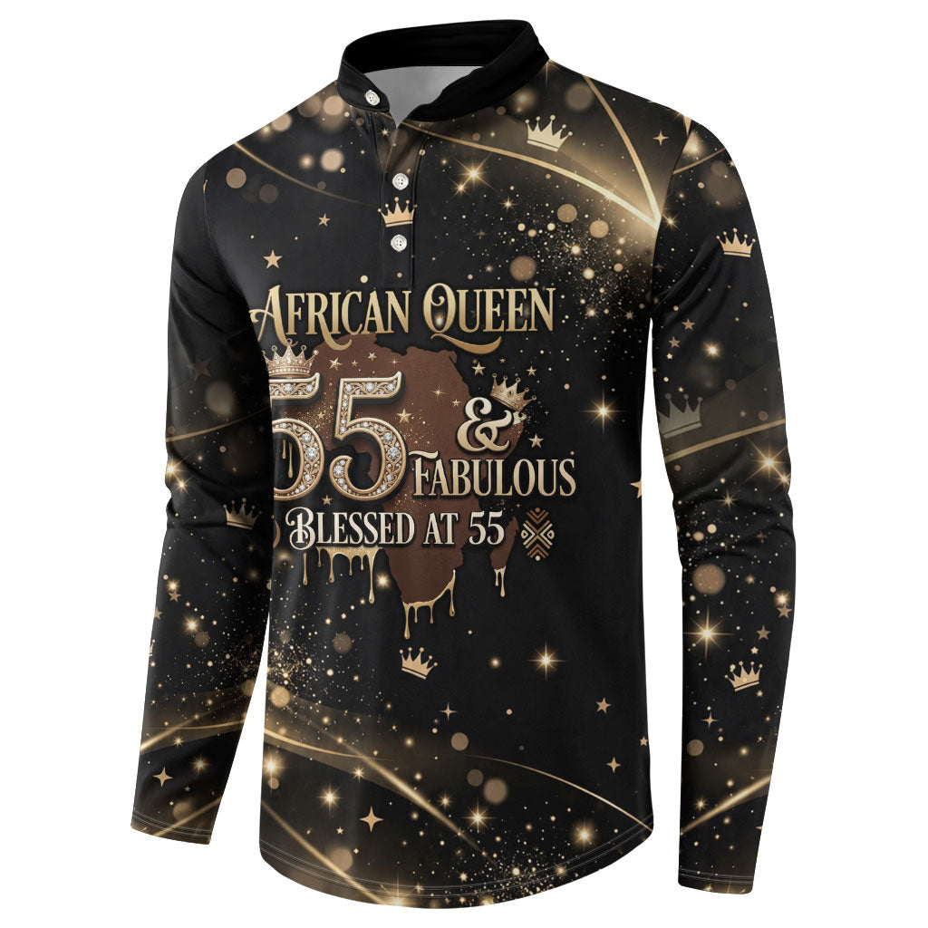 Personalized African Queen 55th Birthday Button Sweatshirt Black Yellow Glitter Sparkle Afro Crown Glam Art