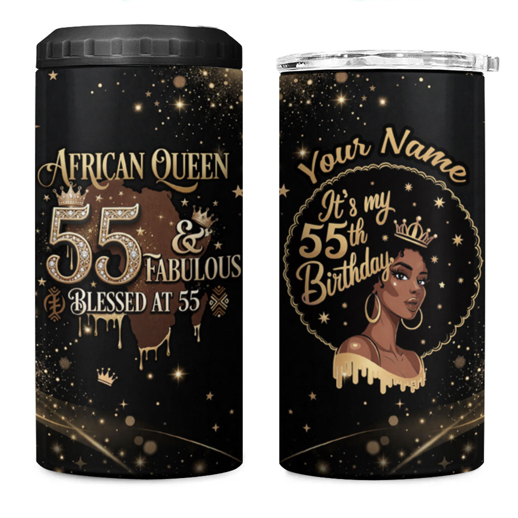 Personalized African Queen 55th Birthday 4 in 1 Can Cooler Tumbler Black Yellow Glitter Sparkle Afro Crown Glam Art