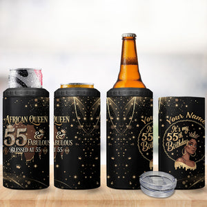 Personalized African Queen 55th Birthday 4 in 1 Can Cooler Tumbler Black Yellow Glitter Sparkle Afro Crown Glam Art