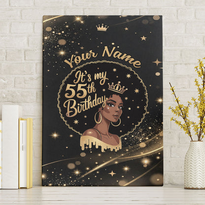 Personalized African Queen 55th Birthday Canvas Wall Art Black Yellow Glitter Sparkle Afro Crown Glam Art