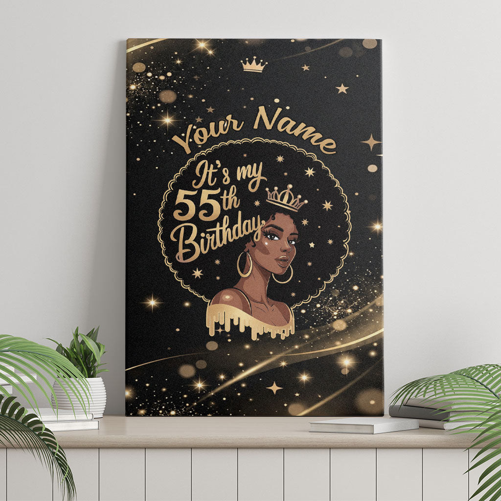Personalized African Queen 55th Birthday Canvas Wall Art Black Yellow Glitter Sparkle Afro Crown Glam Art