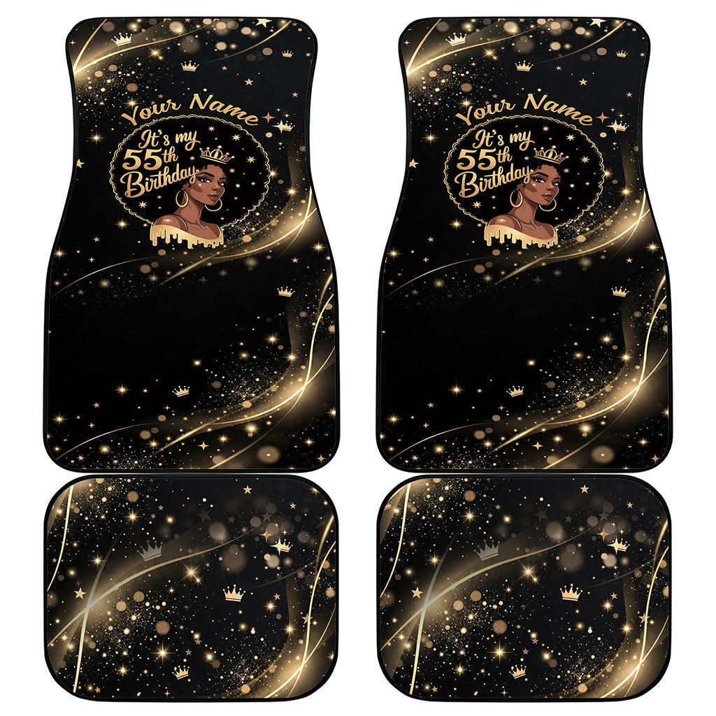 Personalized African Queen 55th Birthday Car Mats Black Yellow Glitter Sparkle Afro Crown Glam Art