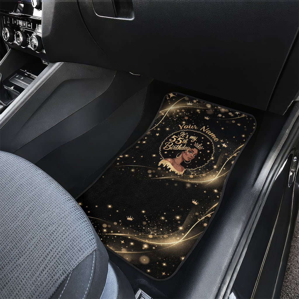Personalized African Queen 55th Birthday Car Mats Black Yellow Glitter Sparkle Afro Crown Glam Art