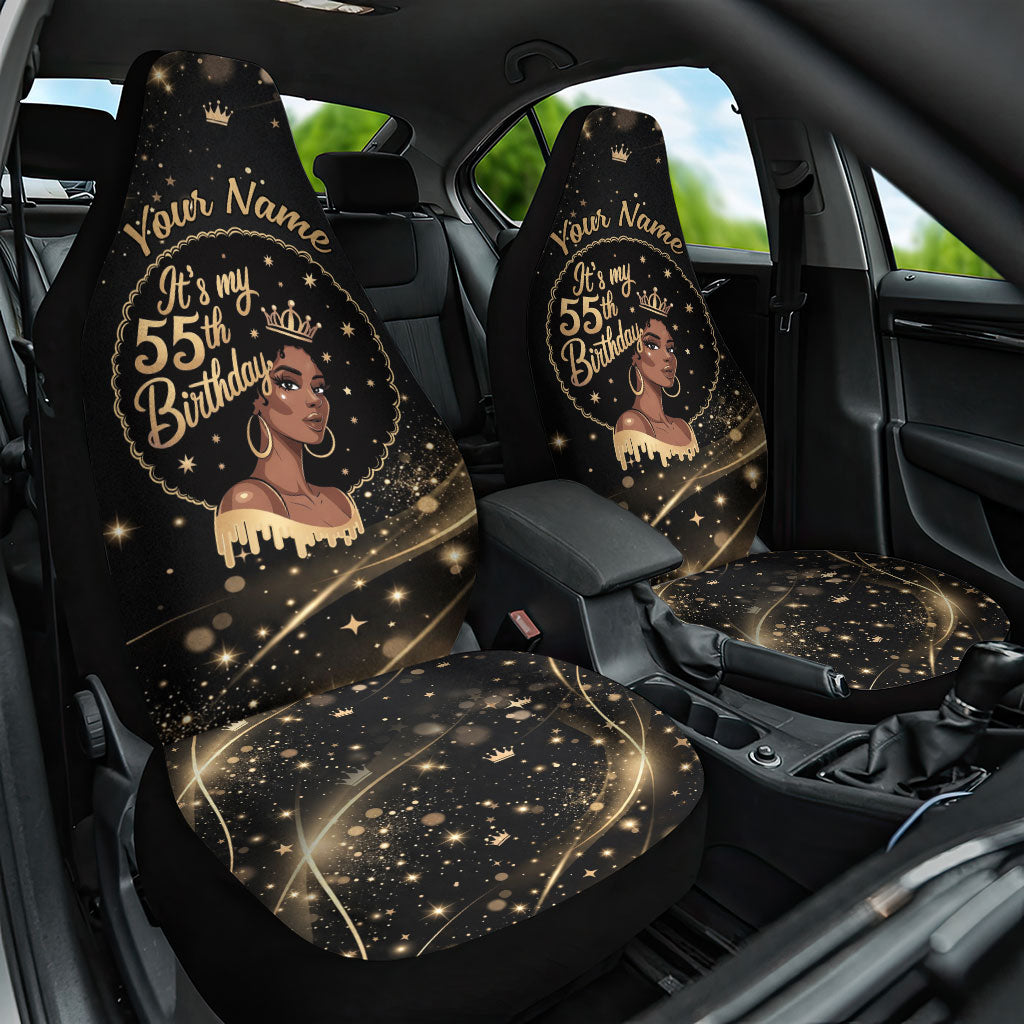 Personalized African Queen 55th Birthday Car Seat Cover Black Yellow Glitter Sparkle Afro Crown Glam Art