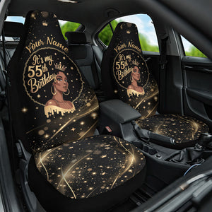 Personalized African Queen 55th Birthday Car Seat Cover Black Yellow Glitter Sparkle Afro Crown Glam Art