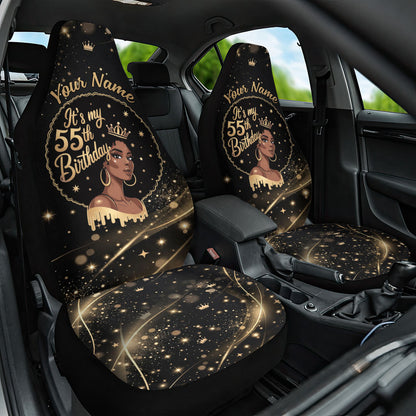 Personalized African Queen 55th Birthday Car Seat Cover Black Yellow Glitter Sparkle Afro Crown Glam Art