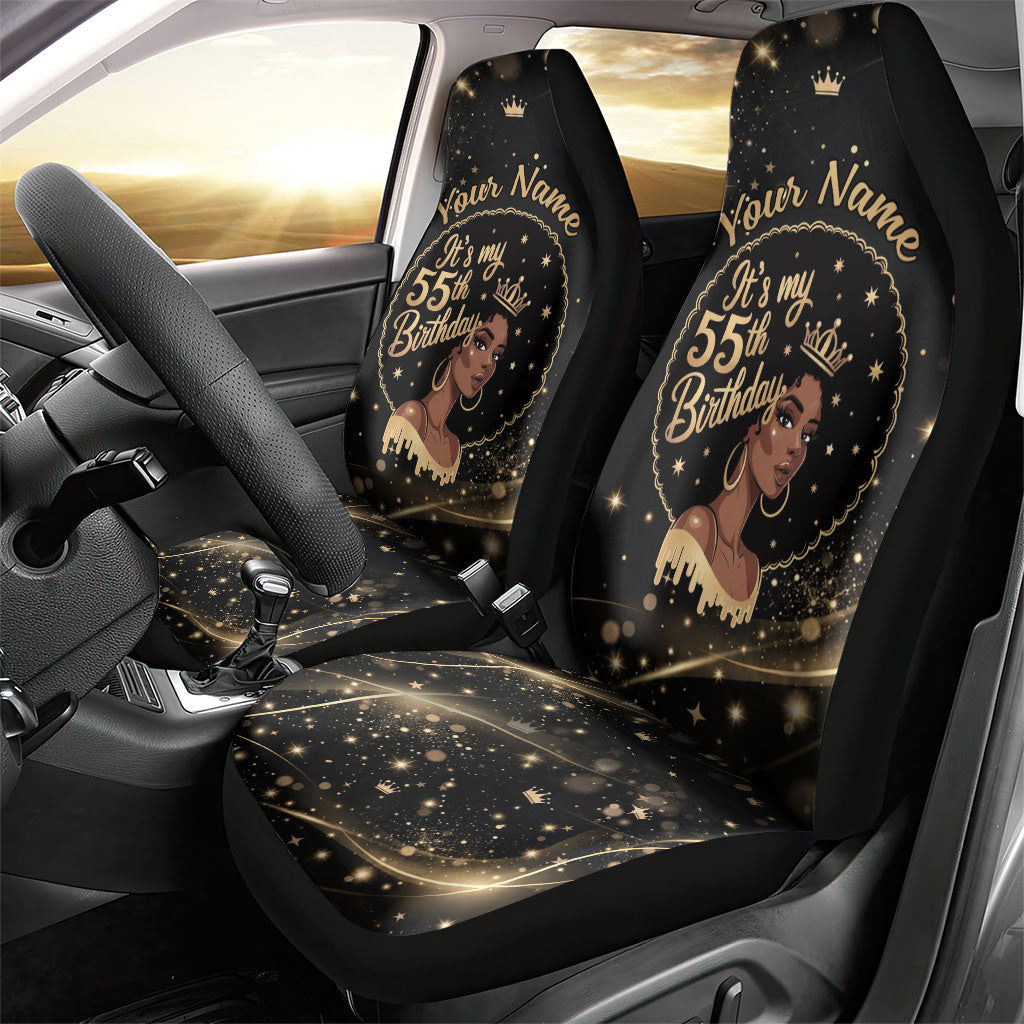 Personalized African Queen 55th Birthday Car Seat Cover Black Yellow Glitter Sparkle Afro Crown Glam Art