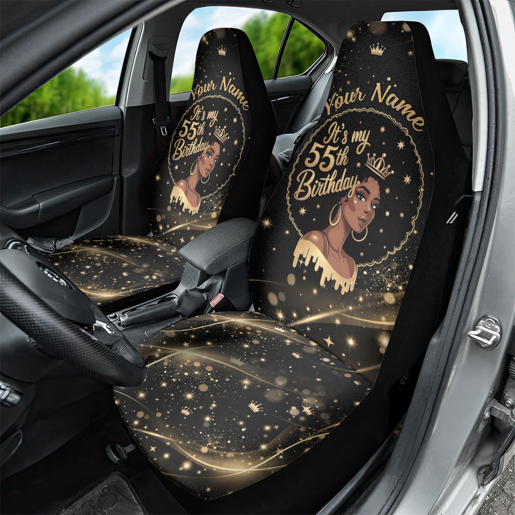 Personalized African Queen 55th Birthday Car Seat Cover Black Yellow Glitter Sparkle Afro Crown Glam Art