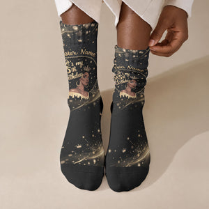 Personalized African Queen 55th Birthday Crew Socks Black Yellow Glitter Sparkle Afro Crown Glam Art