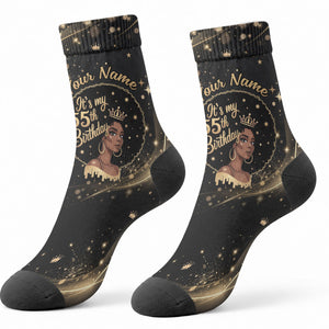 Personalized African Queen 55th Birthday Crew Socks Black Yellow Glitter Sparkle Afro Crown Glam Art