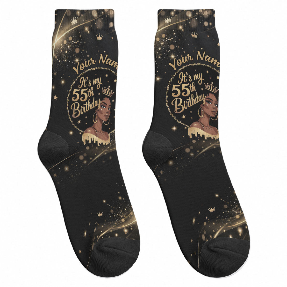 Personalized African Queen 55th Birthday Crew Socks Black Yellow Glitter Sparkle Afro Crown Glam Art