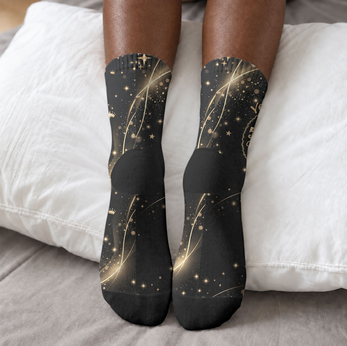 Personalized African Queen 55th Birthday Crew Socks Black Yellow Glitter Sparkle Afro Crown Glam Art