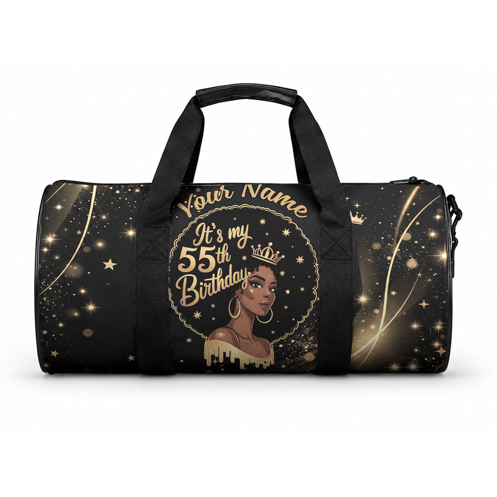 Personalized African Queen 55th Birthday Duffle Bag Black Yellow Glitter Sparkle Afro Crown Glam Art