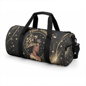 Personalized African Queen 55th Birthday Duffle Bag Black Yellow Glitter Sparkle Afro Crown Glam Art