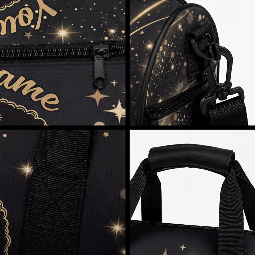 Personalized African Queen 55th Birthday Duffle Bag Black Yellow Glitter Sparkle Afro Crown Glam Art