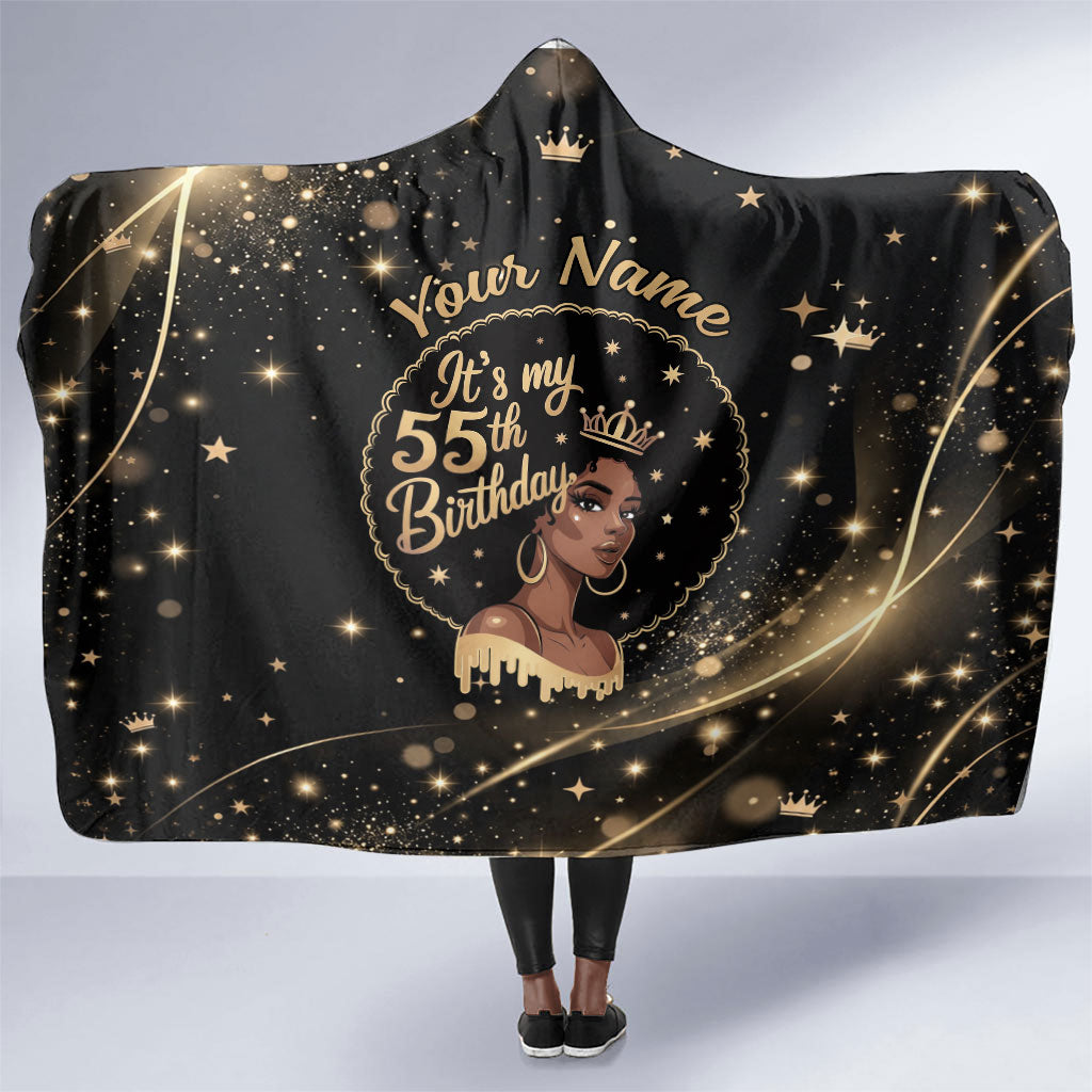 Personalized African Queen 55th Birthday Hooded Blanket Black Yellow Glitter Sparkle Afro Crown Glam Art