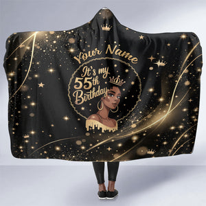 Personalized African Queen 55th Birthday Hooded Blanket Black Yellow Glitter Sparkle Afro Crown Glam Art