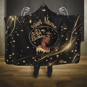 Personalized African Queen 55th Birthday Hooded Blanket Black Yellow Glitter Sparkle Afro Crown Glam Art