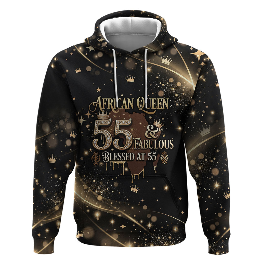 Personalized African Queen 55th Birthday Hoodie Black Yellow Glitter Sparkle Afro Crown Glam Art