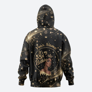 Personalized African Queen 55th Birthday Hoodie Black Yellow Glitter Sparkle Afro Crown Glam Art